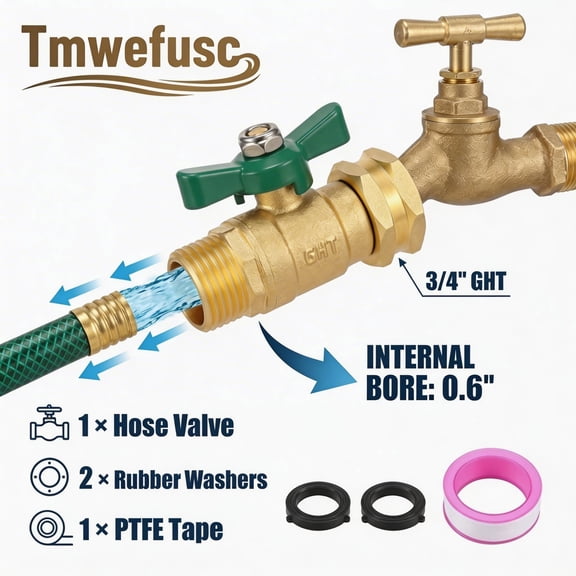 Tmwefusc Heavy Duty Brass Garden Hose Connector Ball Valve 3/4 Inch GHT Heavy Duty Brass Water Hose Shut Off Valve for Outdoor Faucet