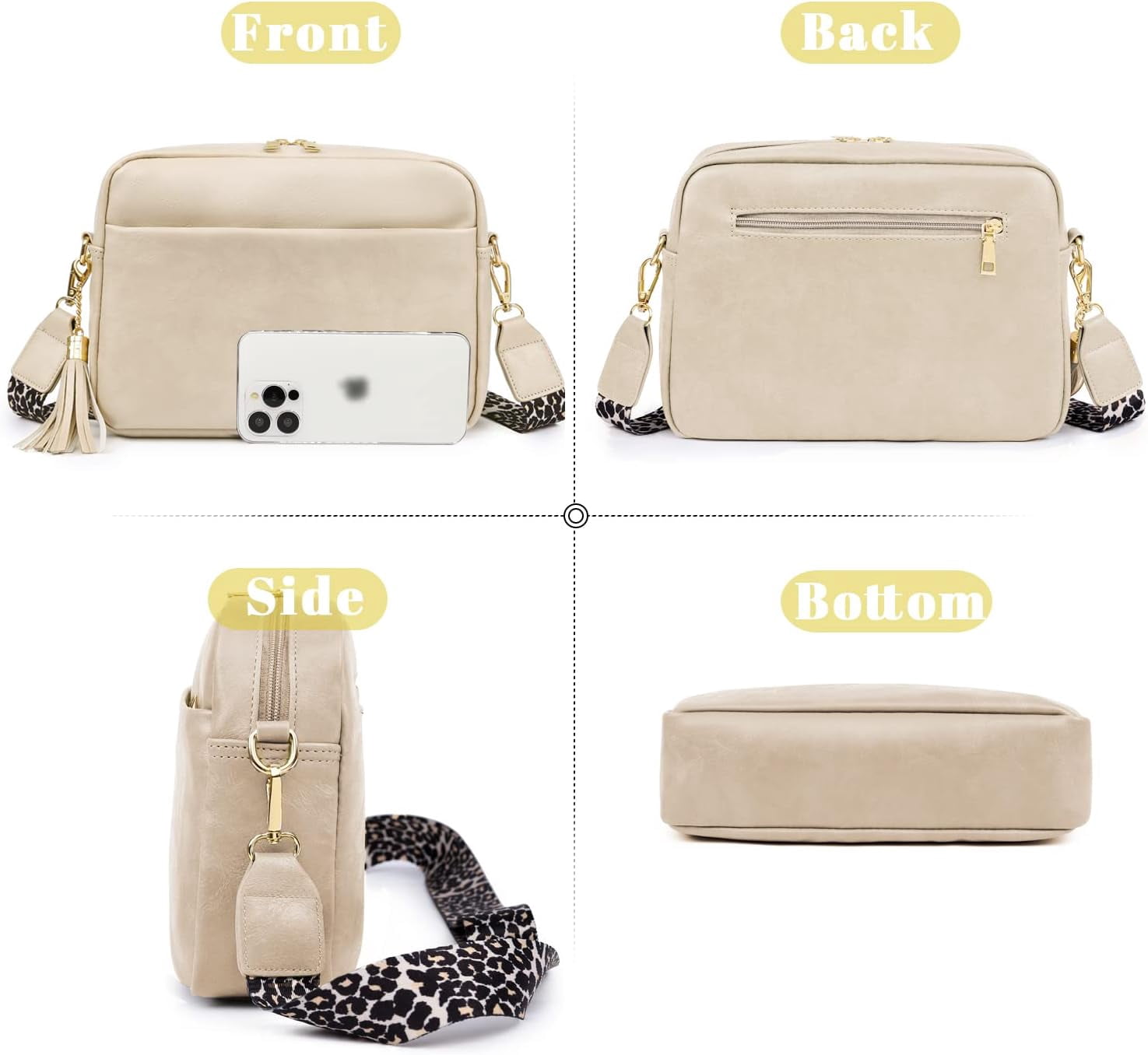 Crossbody Bag for Women Vegan Leather Shoulder Purse with Leopard Adjustable Strap Midsize Zipped Handbag