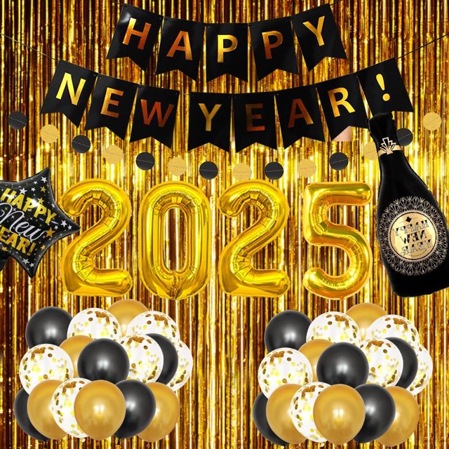 Suministros y decoraciones para fiestas de Nochevieja de 2025: globos de aluminio grandes, pancarta de Feliz Año Nuevo, cortinas de aluminio dorado, globos de confeti dorados y negros para