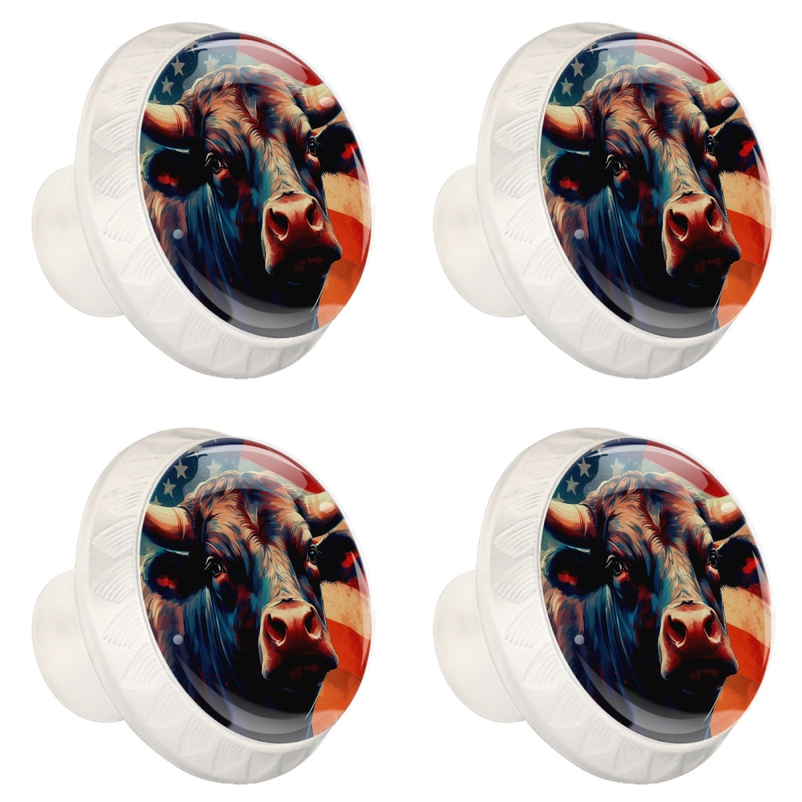4 Pcs Cow American Flag Knobs for Kitchen Cabinet Cupboard Dresser Bookcase Drawer Pulls Handles Round Home Decor
