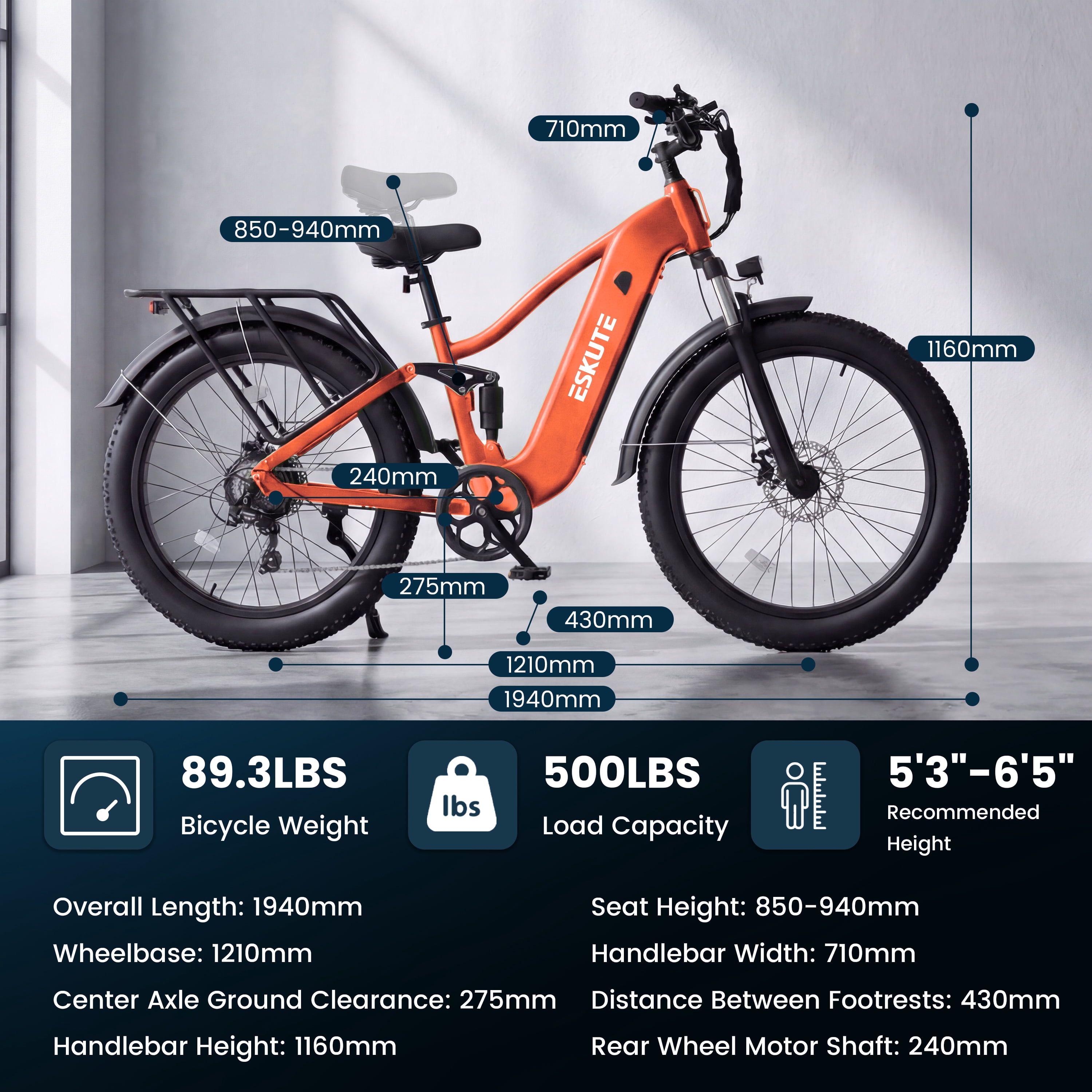 ESKUTE C300 Electric Bike for Adults, 1500W Peak Motor, 32MPH Fast Ebike, 48V 20.8Ah Battery Up to 80 Miles, 26"x4.0" Fat Tire, Full Suspension, 8-Speed Orange, With Bag & Lock & Front Basket, UL2849