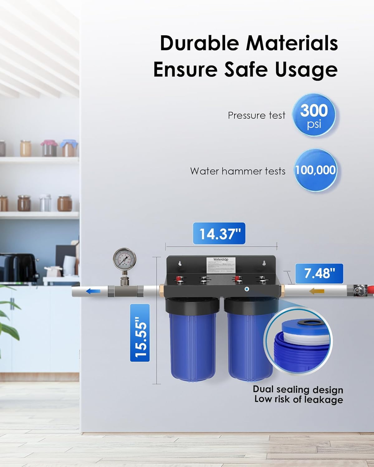Waterdrop Whole House Water Filter System, with 10" x 4.5" Sediment Filer and Carbon Filter, 5-Stage Filtration,Highly Reduce Chlorine, Lead, Taste, and Odor