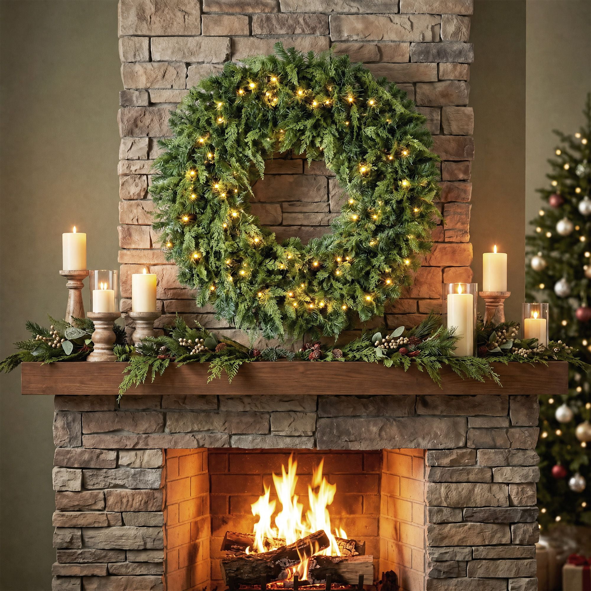 Pre-Lit Artificial Christmas Wreath, 36-Inch Cedar-Style Greenery with 100 Warm White LED Lights, 8 Lighting Modes, 360 Tips, Indoor and Covered Outdoor Holiday Decor for Front Door, Porch, or Mantel