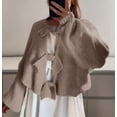thumbnail image 5 of VISALY Cropped Cardigan Open Front Cardigan Bow Tie Cardigan Sweaters Crew Neck Long Sleeve Ribbed Knit Tie Front Crochet Knit Jumper Top Outwear Coat Chunky Knit Cardigan Crochet Cardigan Khaki L, 5 of 7