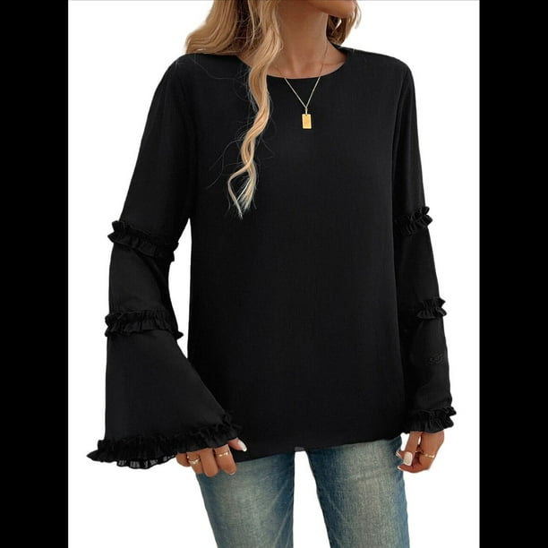 Blusas de Larga Acampanadas y Holgadas para Mujer, Otoño e Invierno 2025, Temperamentales, para Mujer Negro M