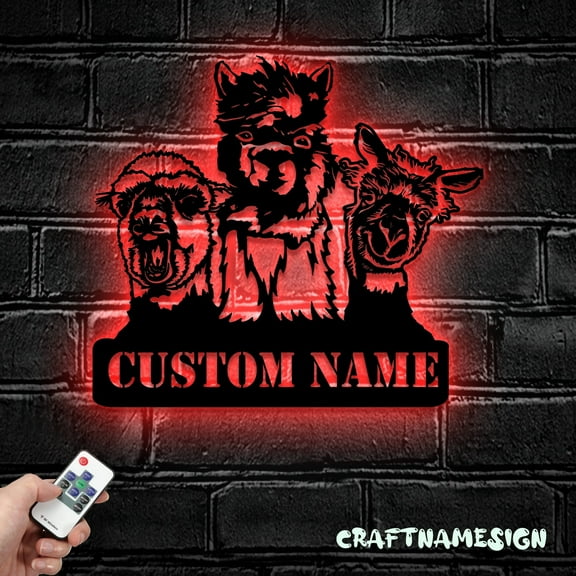 Craftnamesign Custom Alpaka Farmhouse Metal Wall Art LED Light, Custom Funny Llama Farm Name Sign