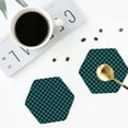 thumbnail image 5 of Fuzoiu Black And Teal Checkerboard Print Leather Coasters Set,Drink Coasters Set of 6,for Tabletop Protection, Durable PVC Coasters,Home Décor and Housewarming Gift,Hexagon, 5 of 7