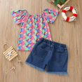 thumbnail image 3 of Fish scale print short-sleeved top + ripped denim shorts 2-piece set, 3 of 5