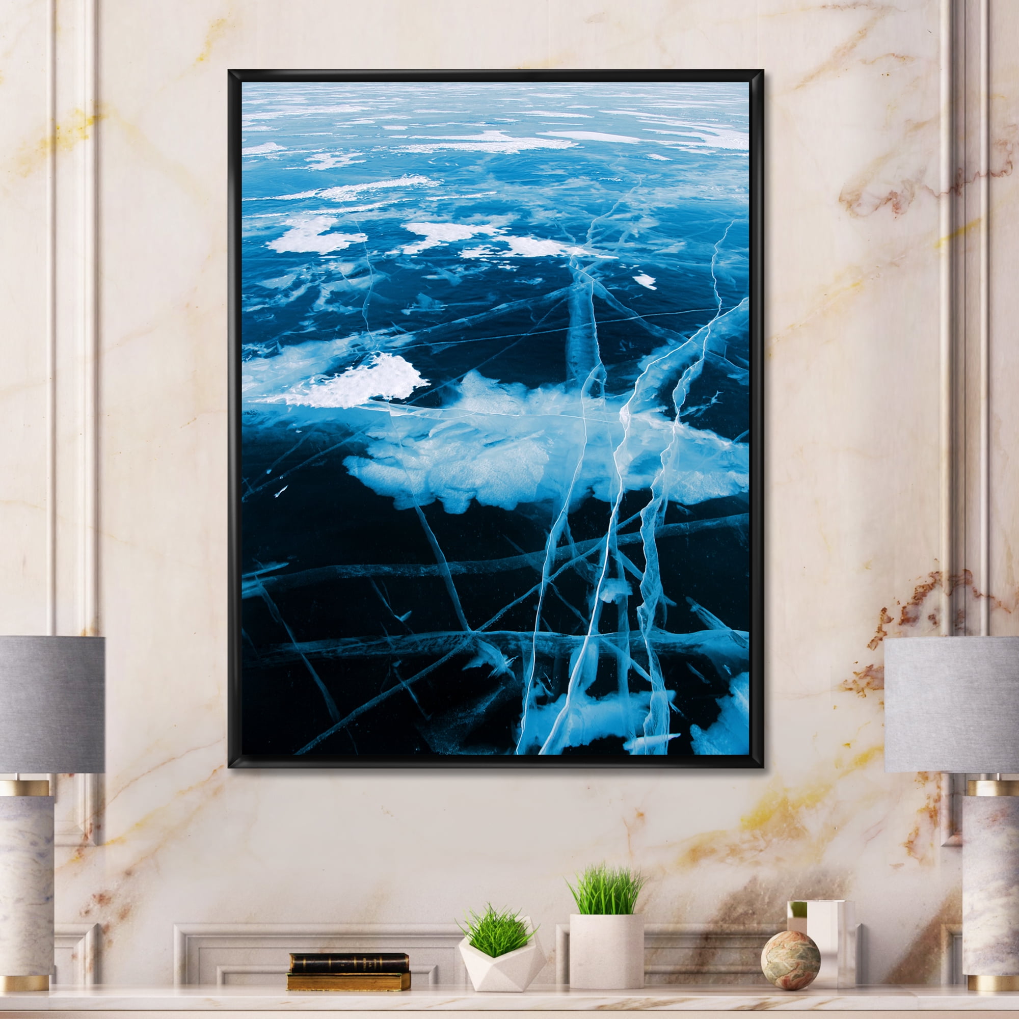 Designart 'White and Blue Ice Structure I' Modern Framed Canvas Wall Art Print