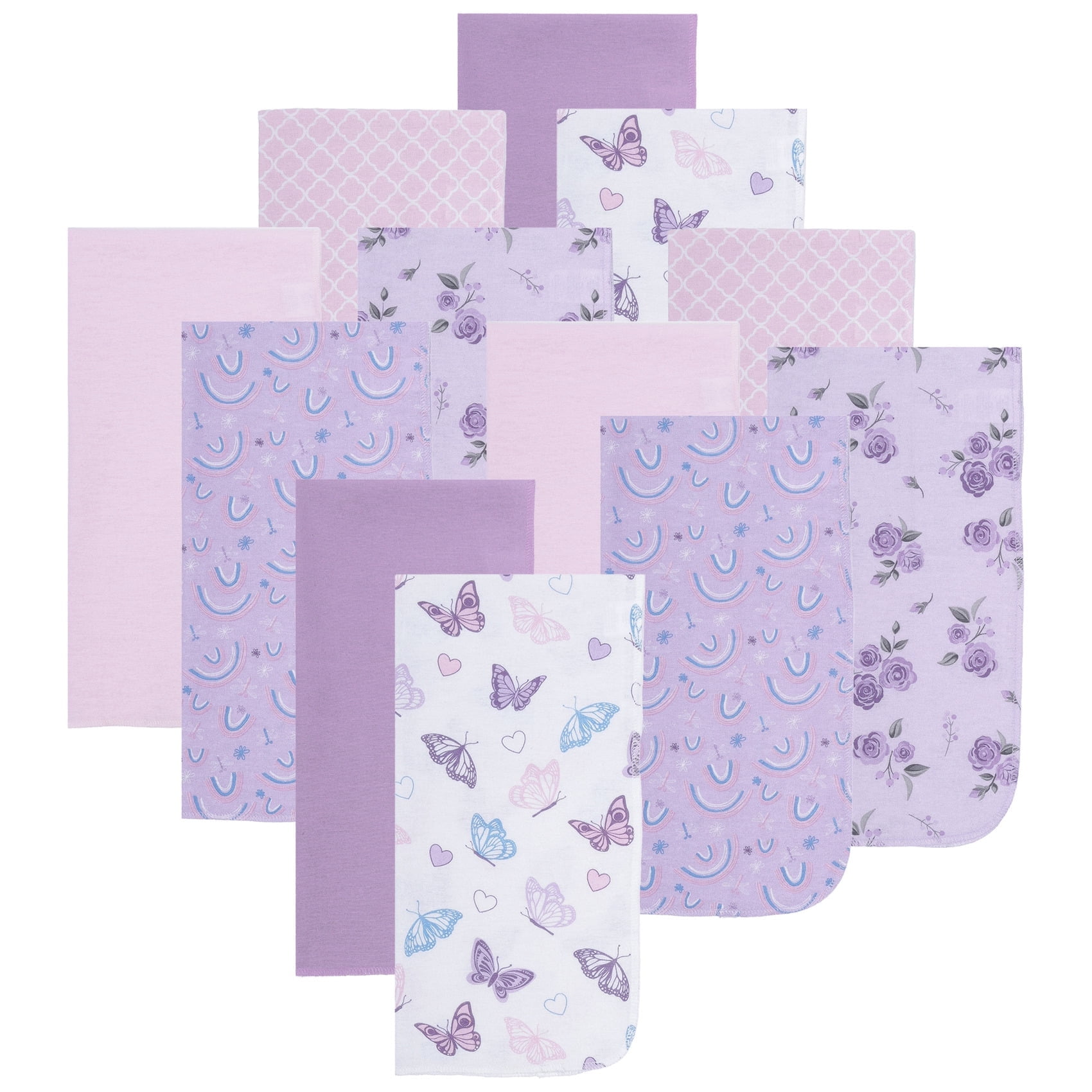EVERYDAY KIDS 12 Pack Burp Cloths - Butterflies/Roses/Rainbow