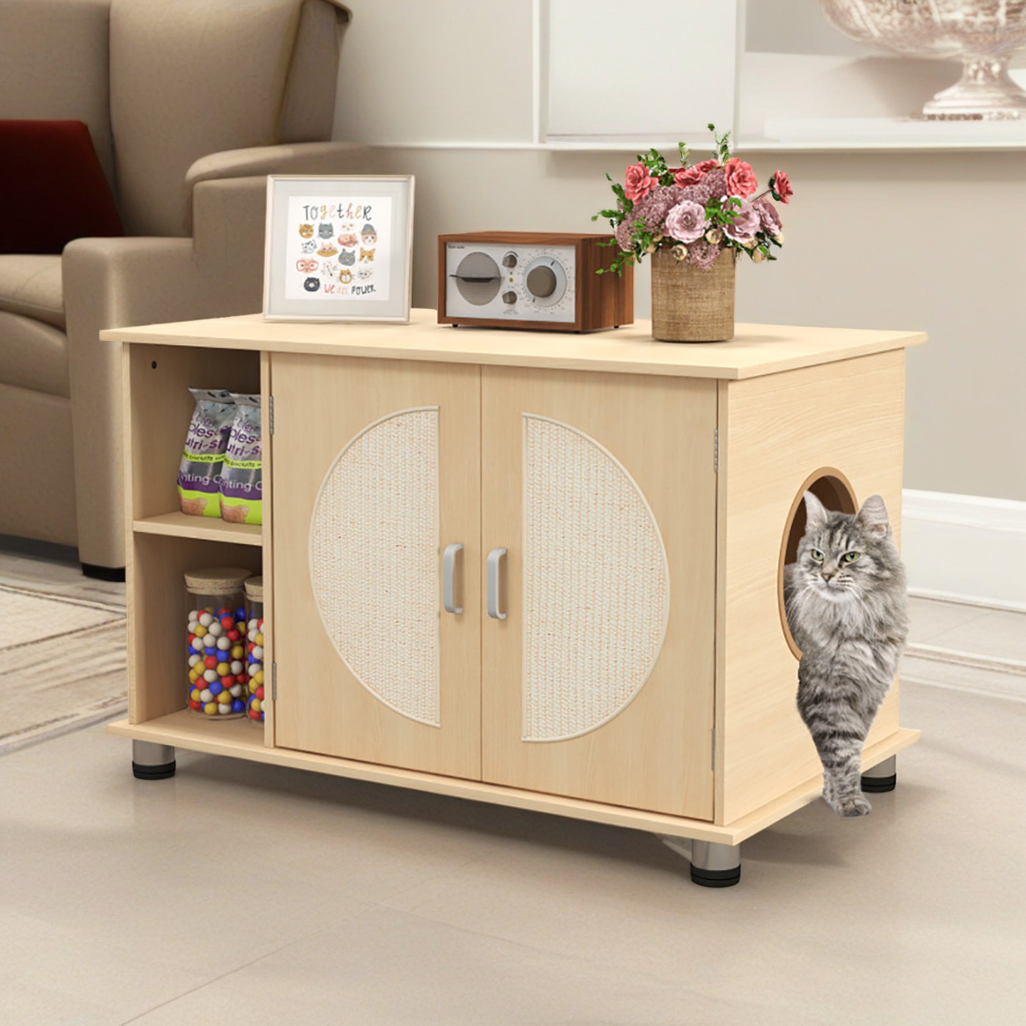 Kadyn 32" Wood Cat Litter Box Enclosure Furniture with Sisal Scratching Doors, Adjustable Metal Feet Cat Washroom Storage, Beige