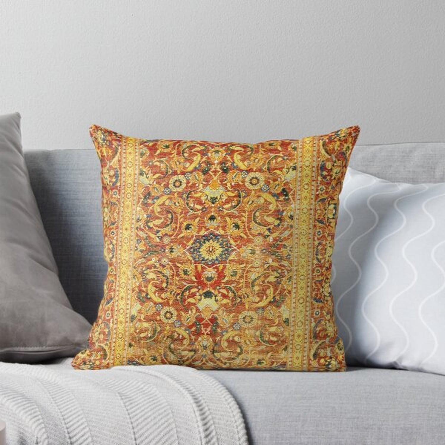 Ornate Floral Medallion Rust Orange and Gold Square Pillow Case 100% Polyester Velvet Traditional Home Decor