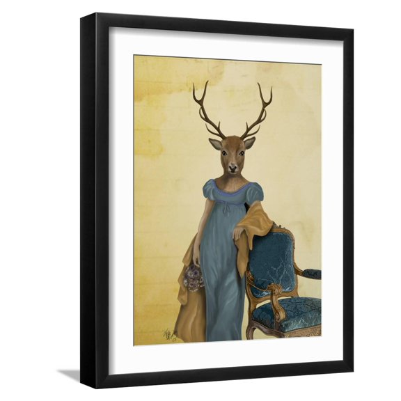 Art.com Deer in Blue Dress Art Print by Fab Funky, Black Frame Wall Art, 17" x 21"