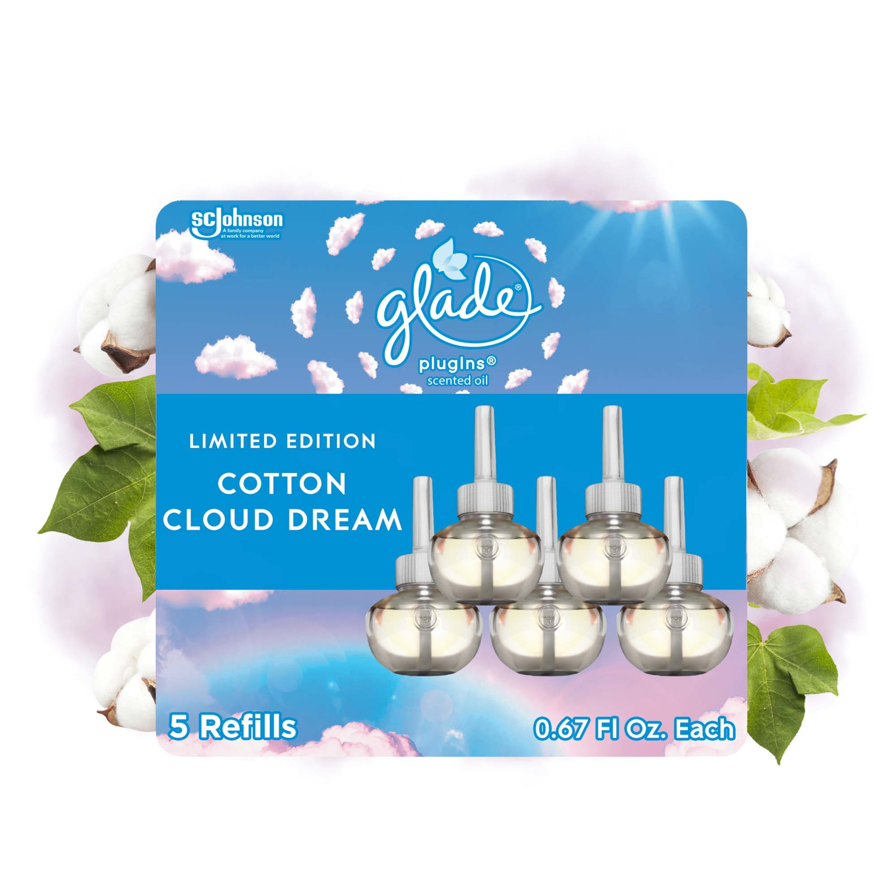 Glade PlugIns Scented Oil Refill, Cotton Cloud Dream Scent, Infused with Essential Oils, Spring Limited Edition Fragrance, Positive Vibes Collection, 0.67 oz, 5 Count.