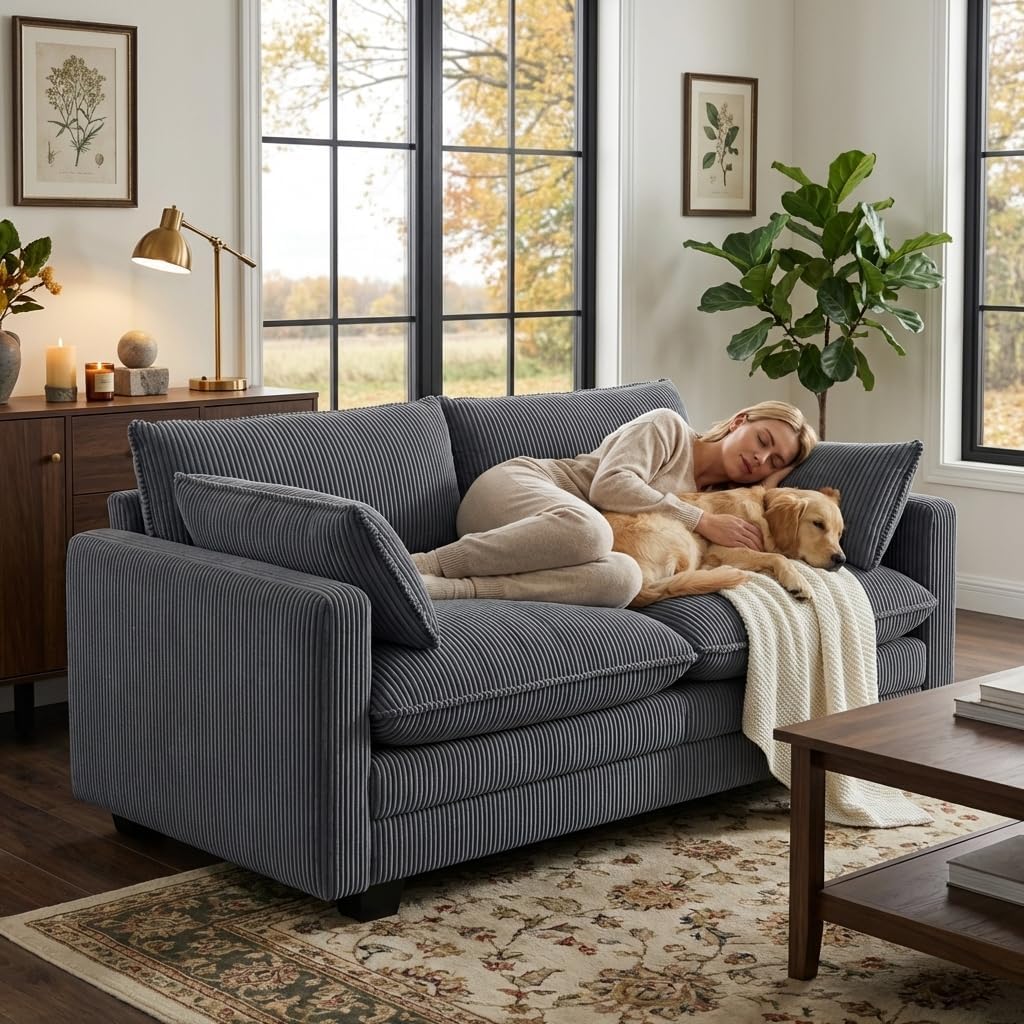 Noelse 75" Loveseat Sofa, Gray Corduroy Deep Seat photo 8