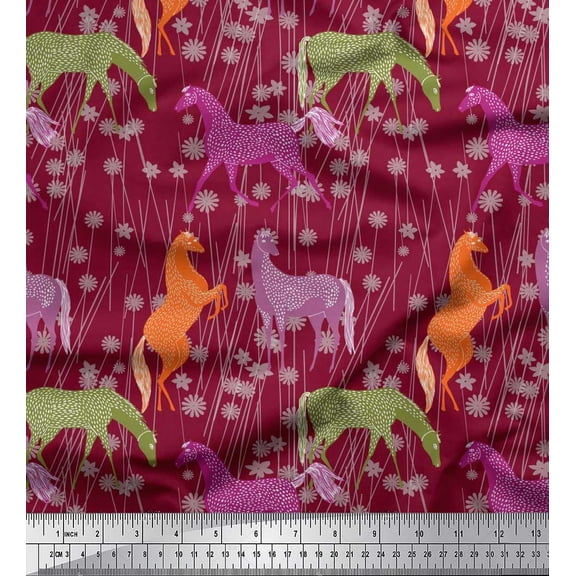 Soimoi Polyester Crepe Fabric Floral & Horse Animal Decor Fabric Printed Yard 52 Inch Wide