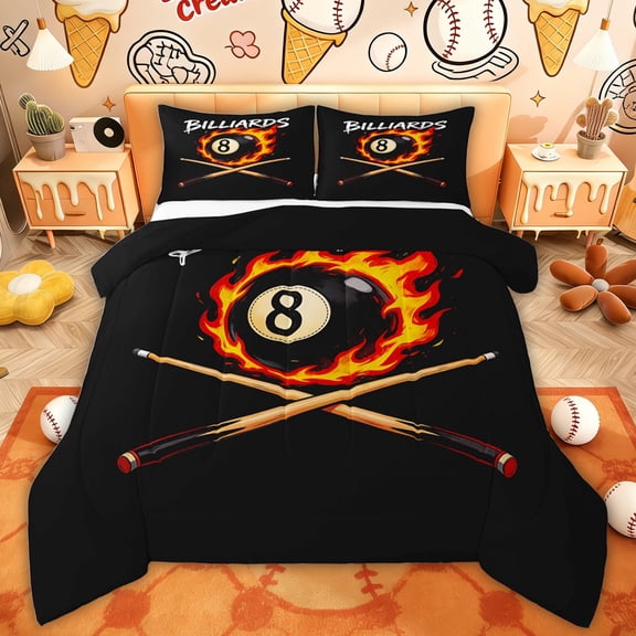Erosebridal Flaming 8 Ball Full Size Comforter Sets, Black Orange Billiards Bedding Sets for Men and Women, 3pcs