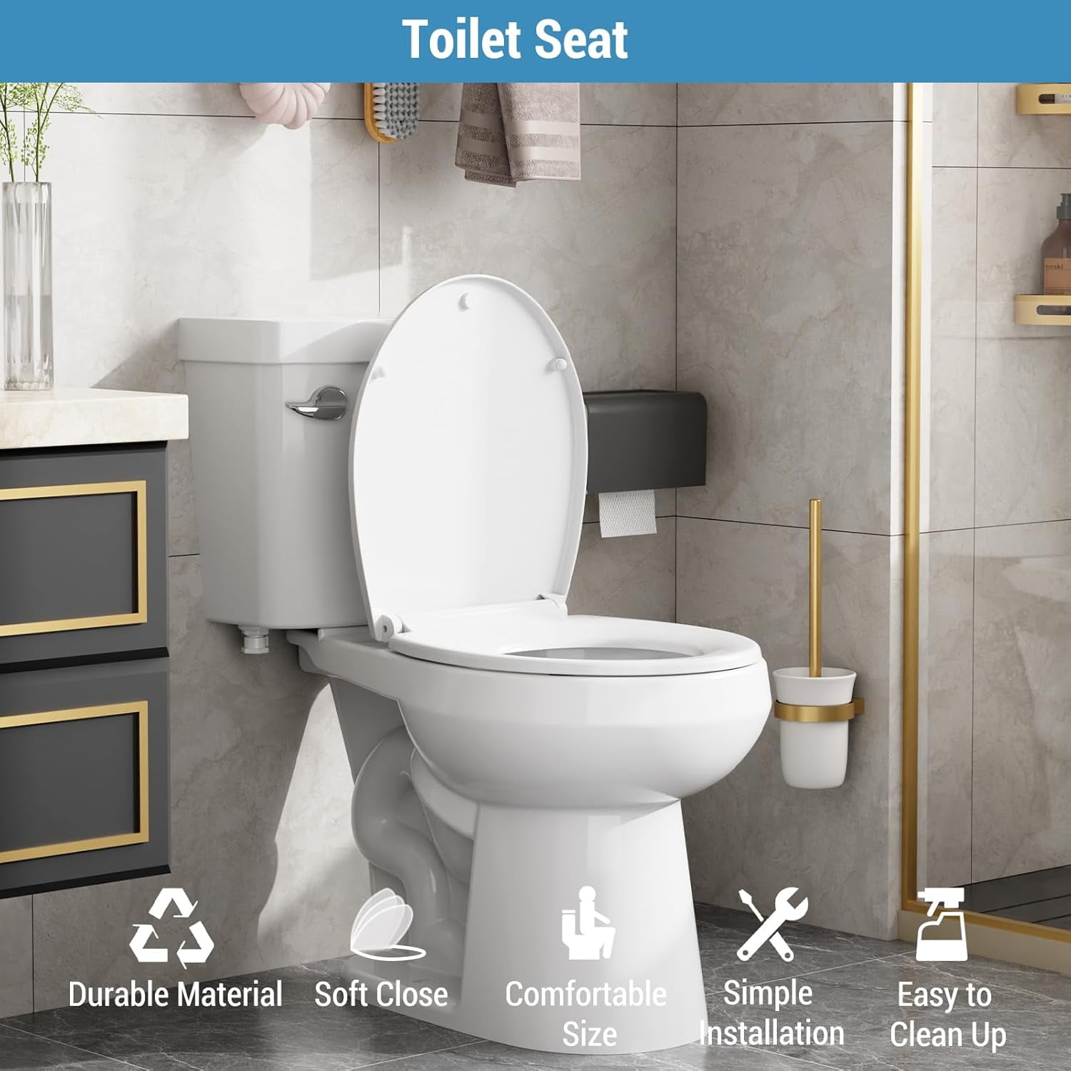 Roromall Round Elongated Toilet Seat, Soft Close Hinge Magnetic Non-Slip Seat Toilet Lid, Quick-Release Function American Standard Toilet Seat, White