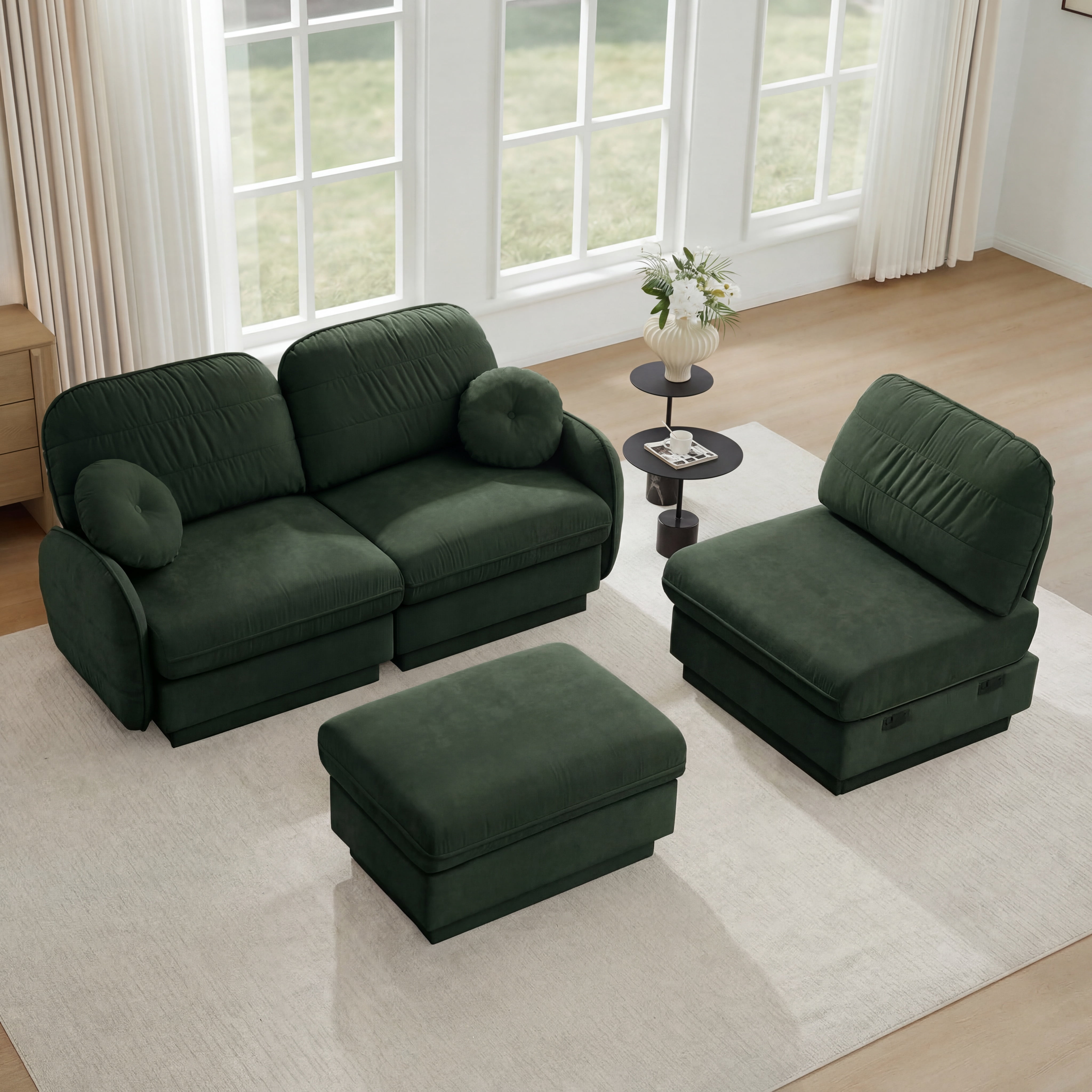 Mintazer 105" Chenille Cloud 3-Seater Modular Sectional Sofa with Movable Ottoman & Round Pillows, L-Shaped Ergonomic Sofa Couch for Living Room, Apartment, Green