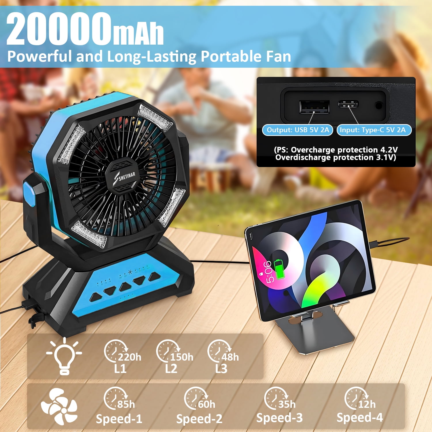 SHETINAR 20000mAh Rechargeable Fan Battery Powered Fan 4-Speed Tabletop Fan with Charging, Hooks, Timer, Portable Fan for Office,Bedroom,Outdoor,Power Outage,Hurricane,Travel.Blue