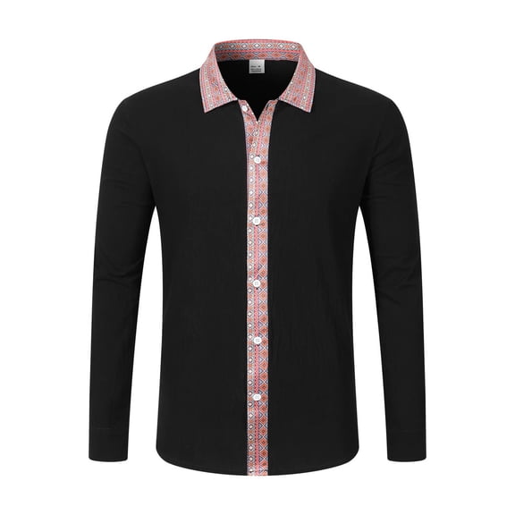 JAJAHO Mens Long Sleeve Button Up Shirts Ethnic Style Patchwork Casual Regular Fit Lapel Retro Fall Spring Shirt Trendy Tops