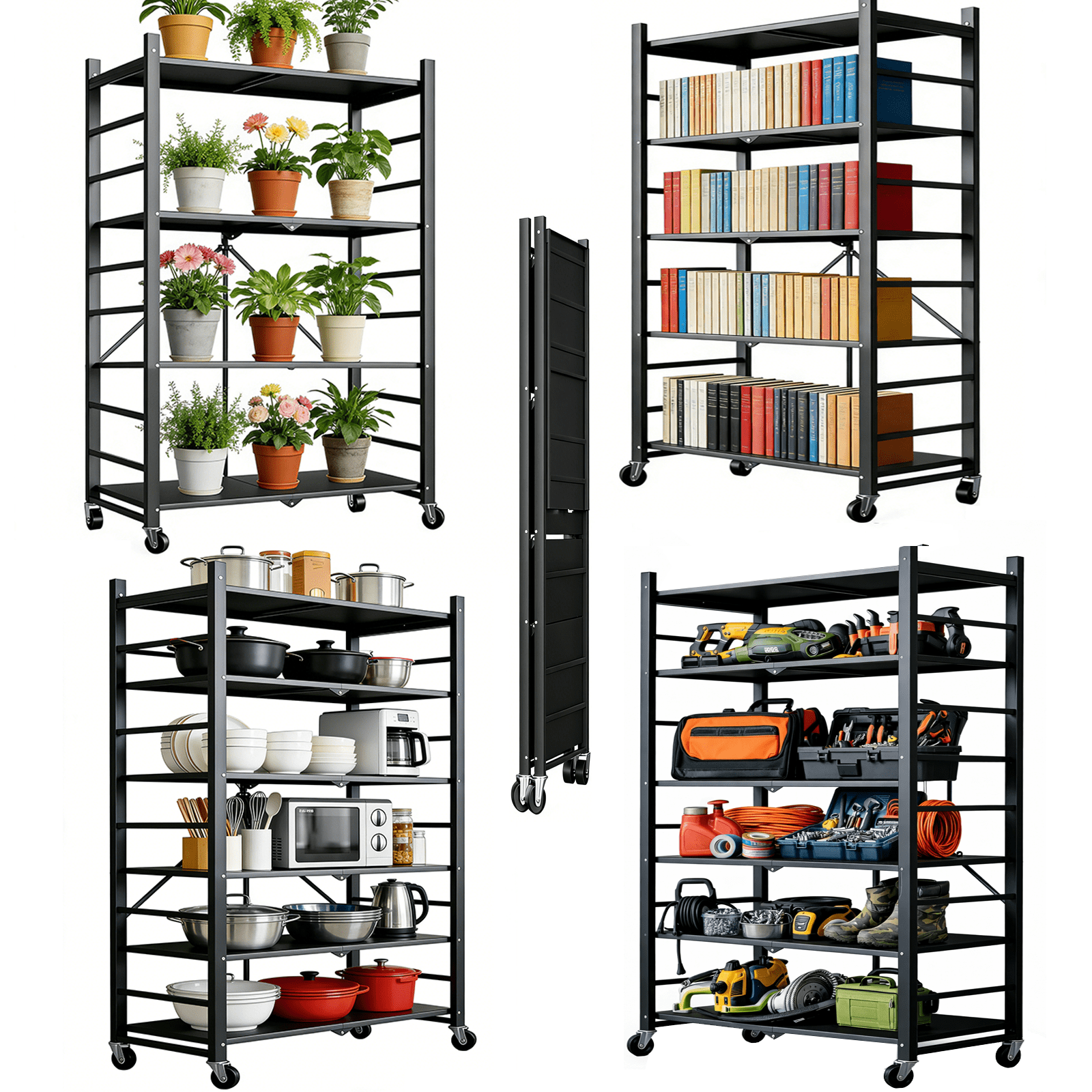 4-Tier Storage Shelving Unit, 397lbs Capacity Heavy Duty Metal Shelf , Foldable Storage Shelf with Wheels, Garage Shelf, Metal Storage Rack, Kitchen Shelf , No Assemble Require