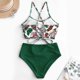 thumbnail image 3 of Traje de baño tankini de cintura alta fruncido con cordones y estampado de hojas para mujer, 3 of 5
