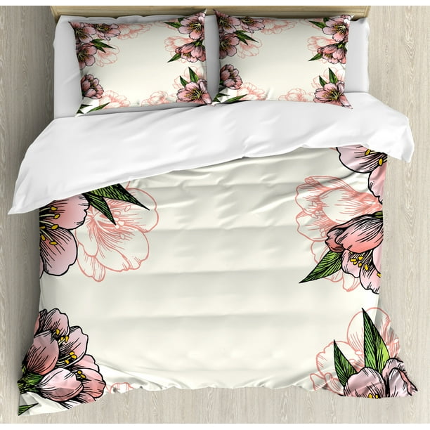 Peach Queen Size Duvet Cover Set, Hand Drawn Botanical Pattern Spring