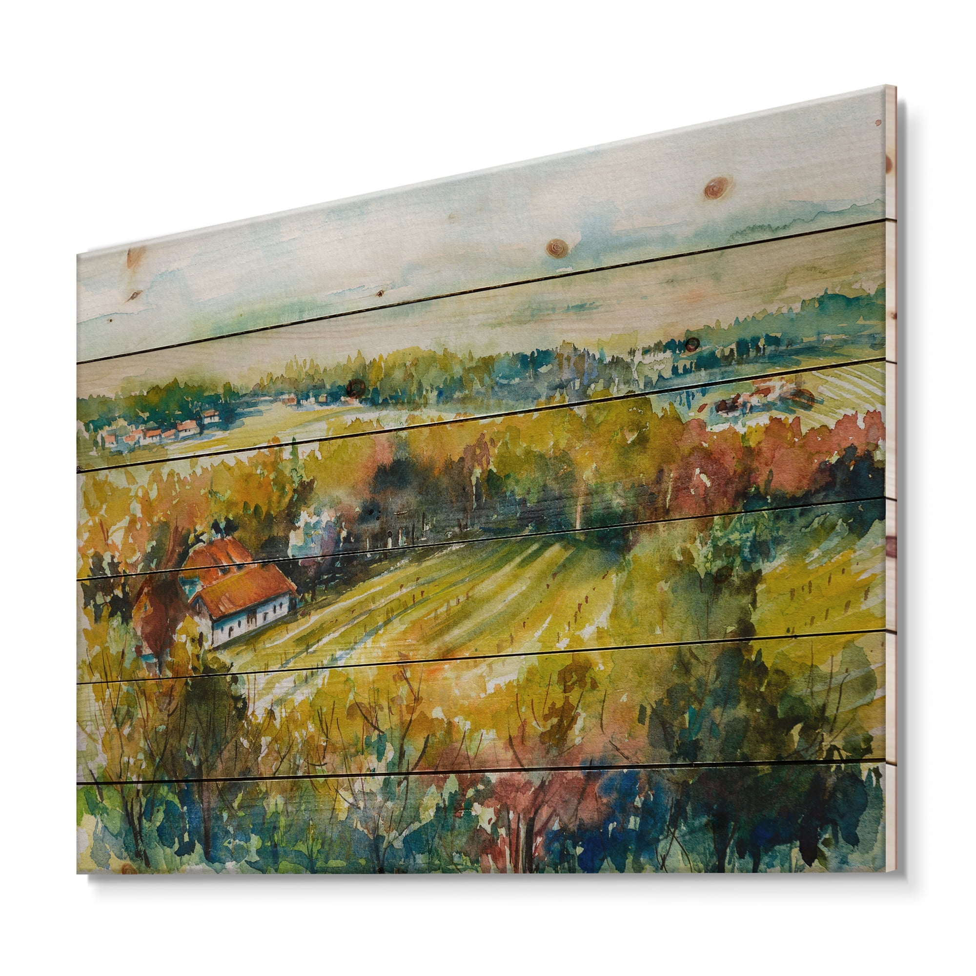 Designart 'Autumn Rural Landscape' Country Print on Natural Pine Wood