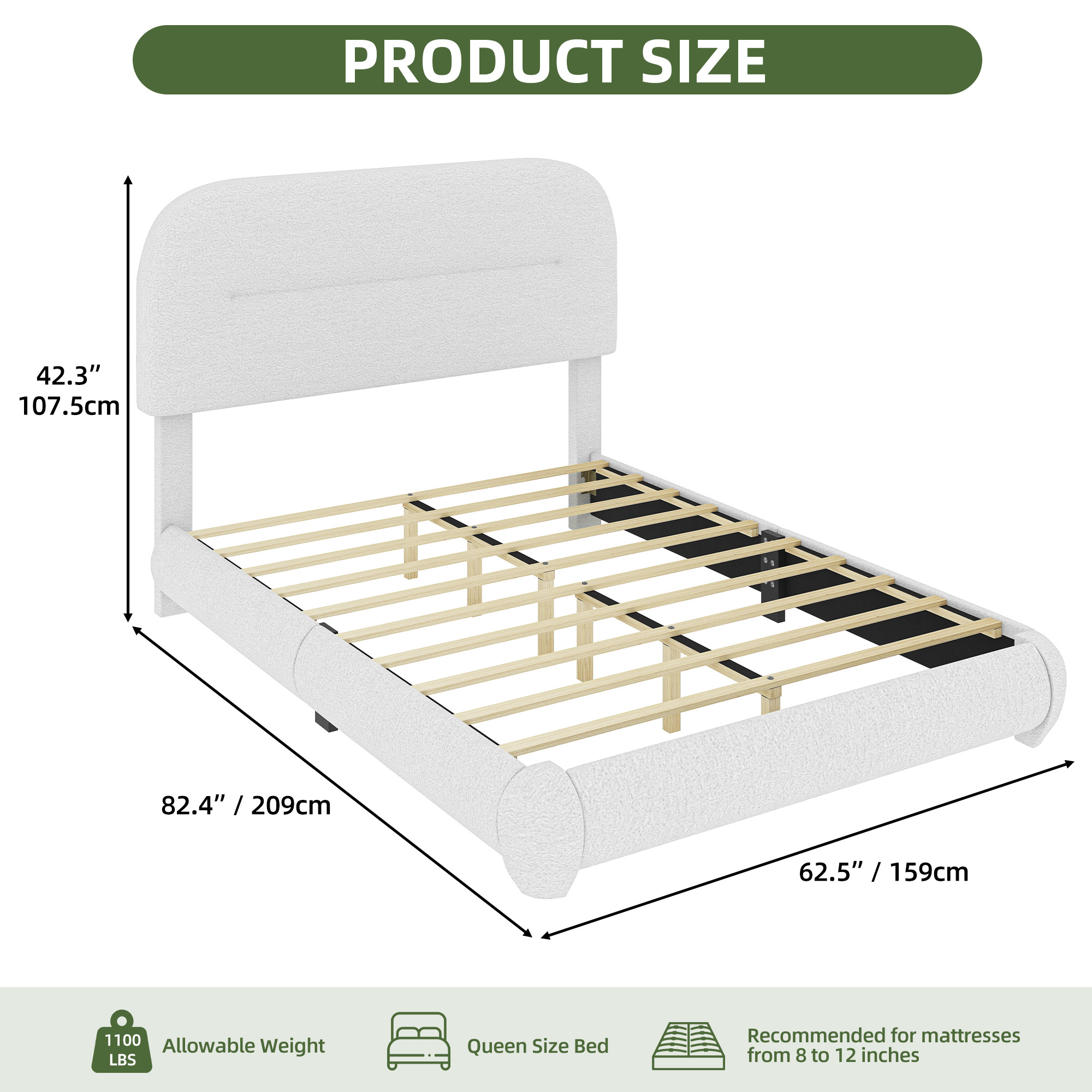 Uforic Queen Size Boucle Bed Frame with Adjustable Headboard & Rounded Edges, No Box Spring Needed, White