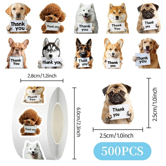 500-Piece Puppy Thank You Stickers Roll, Cute Dog Theme Self-Adhesive Labels for Christmas Gifts, Holiday Packaging and Envelope Sealing Supplies