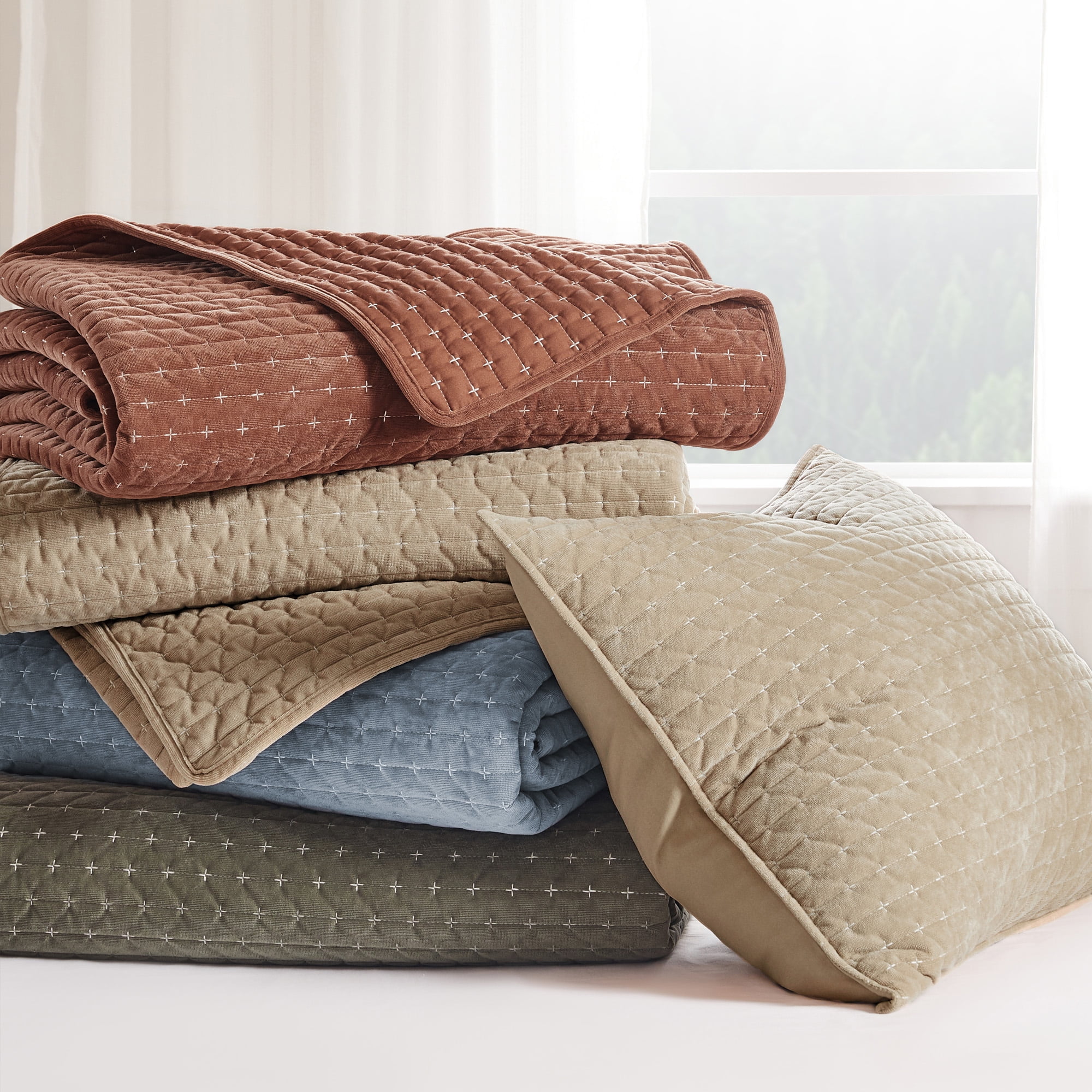 Levtex Home - Velvet Stitch Quilt Set - King Quilt and Two King Shams - Cross Stitch Velvet - Green with White - Quilt (106x92in.) and Shams (20x36in.) - Reversible - Polyester