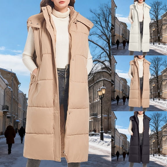 Fewfanhot Women's Clothing Long Quilted Puffer Vest Sleeveless Hooded Button Down Padded Coats Jacket Outerwear with Pockets