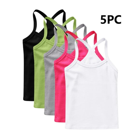 5 Pack Girls Tank Undershirts, Girls’ Cami Tanks, Child Solid Color Racerback Sleeveless Spaghetti Strap Camisole