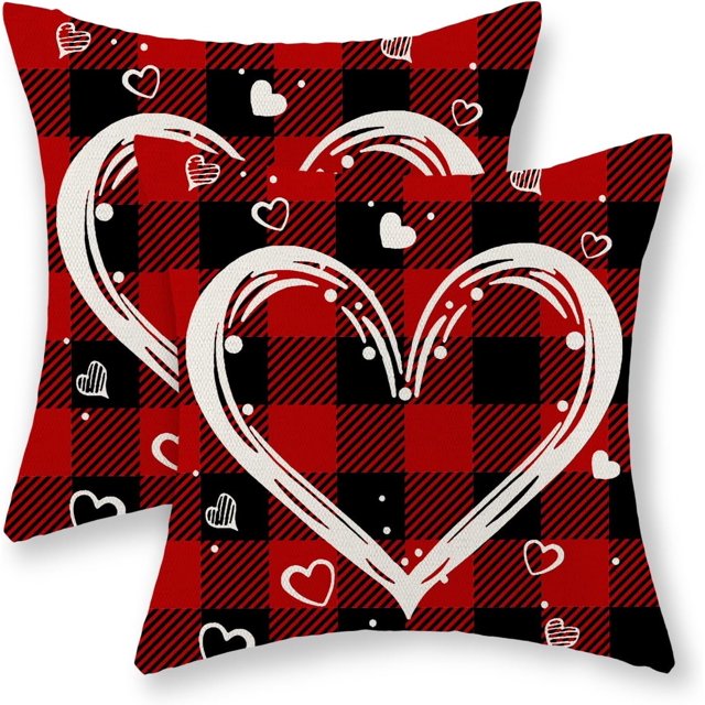 Valentines Day Pillow Covers 18x18 Set of 2, Buffalo Plaid Love Hearts Decor Valentine's Day Throw Pillows Mother''s Day Farmhouse Decorative Red Pillowcase Outdoor Cushion Case for Sofa Couch