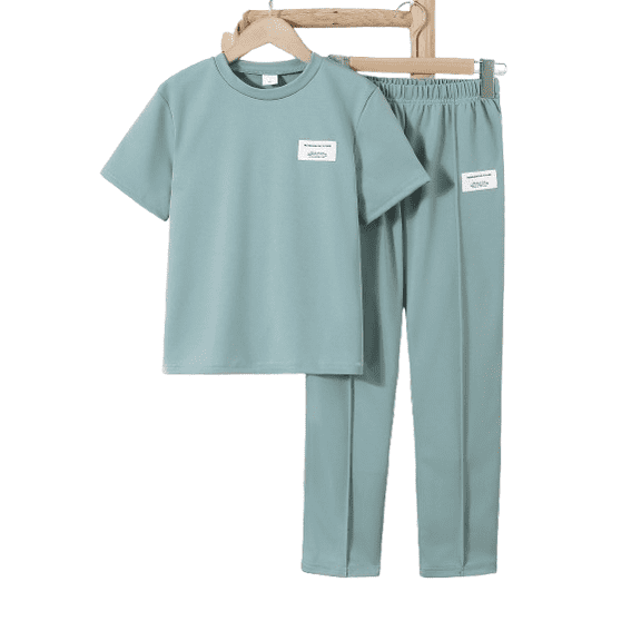 PureChapter Boys Solid Color Basic Crew Neck T-Shirt & Pants 2-Piece Outfits (Mint Green,8-12Y )