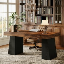 Fimind 55" Executive Desk, Mid-Century Modern Wood Office Desk, Black & Brown Computer Table Workstation, Home Office Writing Desk or Small Conference Table