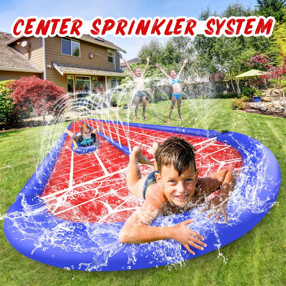 Growsly Slip and Slide Lawn Water Slide, 30FT Heavy Duty Double Lane for Kids Backyard Games with Sprinkler and 2 Bodyboards, Red