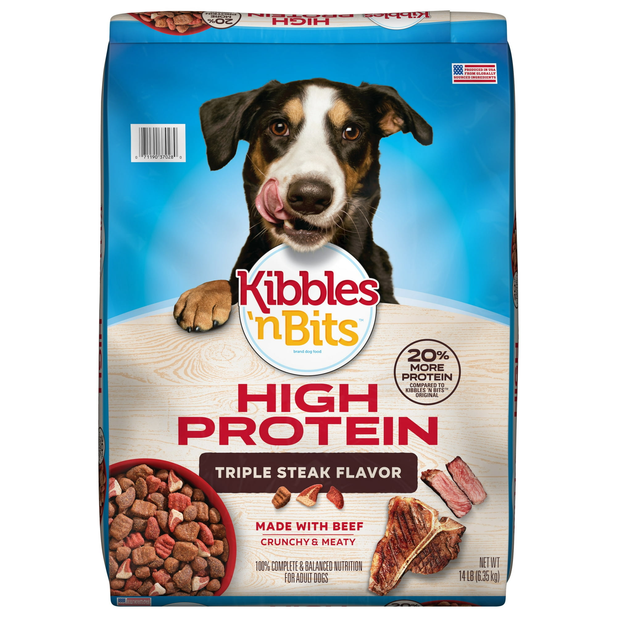 Kibbles 'n Bits Triple Steak Flavor Dry High Protein Dog Food, 14 lb. Bag