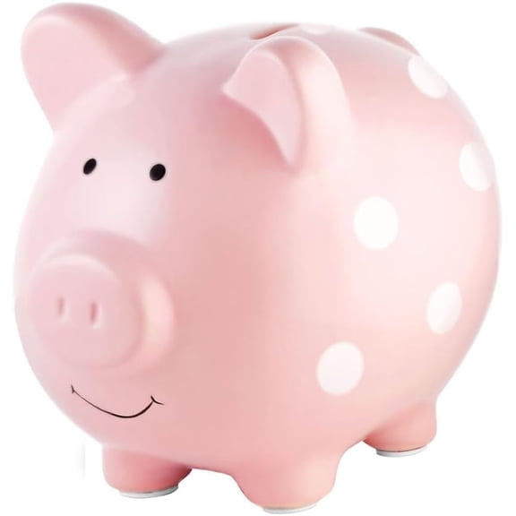 Large Ceramic Piggy Bank, Pink Polka Dots, Ideal for Boys and Girls, Kids Money and Coin Bank, Perfect Baby Girl Nursery Décor, Gift and Newborn Keepsake