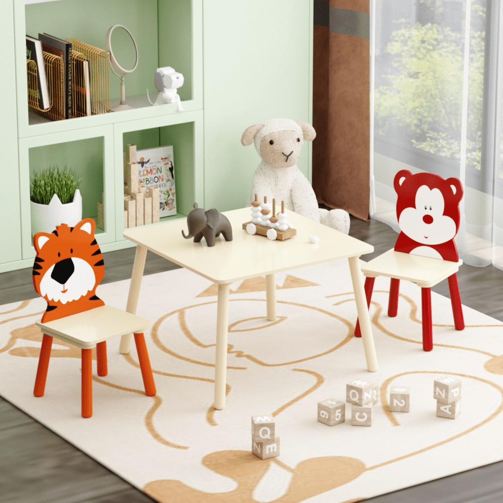 Kids Table and 2 Chairs Set, 3 Pieces Toddler Table and Chair Set, Children Wooden Activity Play Table Set Solid Wood Legs