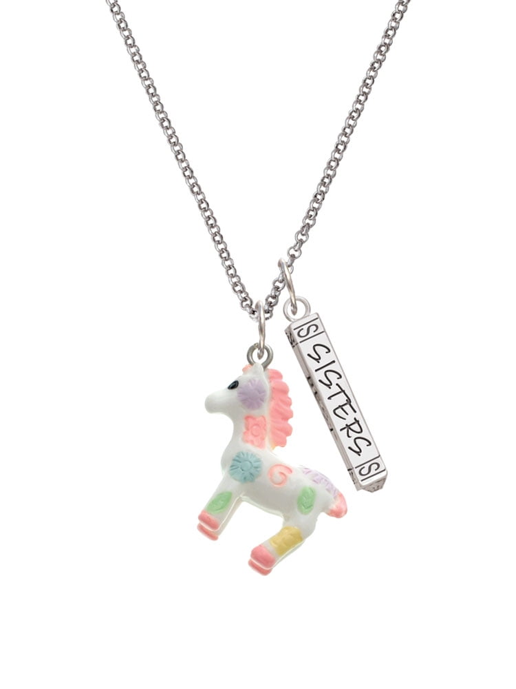 Delight Jewelry Resin Pastel Paint Pony Silvertone Sisters Best Friends Forever Bar Charm Necklace, 23"
