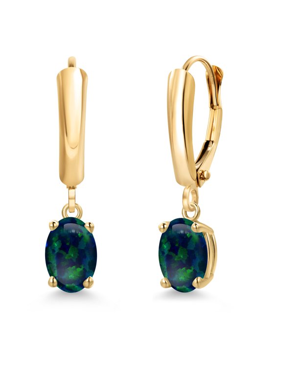 14K Yellow Gold Simulated Green Opal Dangle Earrings for Women | 1.26 Cttw | Gemstone October Birthstone | Oval Cabochon 7X5MM