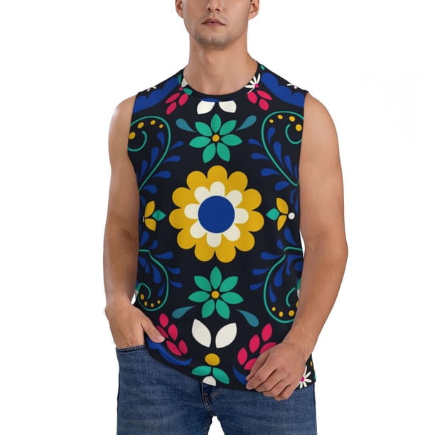 Fotbe Colorful Mexican Flower Men's Camiseta sin Mangas Estampada para Hombres, Playera Casual para Gimnasio, Entrenamiento, Playa-Large