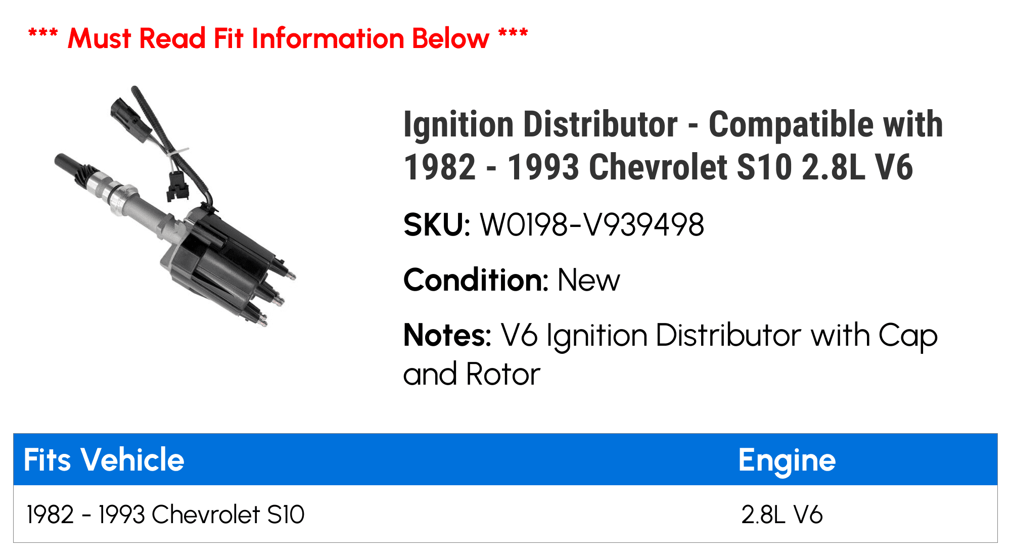 Ignition Distributor with Cap and Rotor - Compatible with 1982 - 1993 Chevy S10 2.8L V6 1983 1984 1985 1986 1987 1988 1989 1990 1991 1992