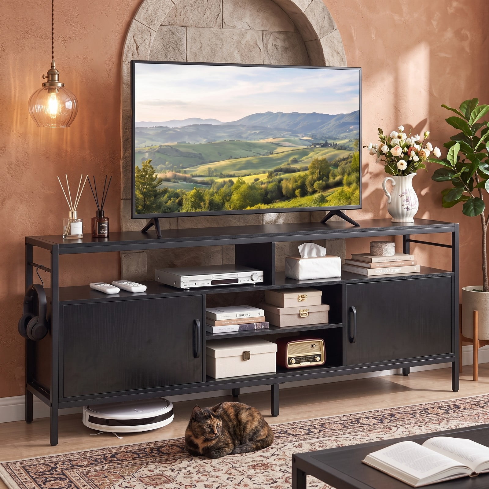 Furnibear 58 Inch Industrial TV Stand for TVs up to 65 Inch, Wood Entertainment Center Media Console with 2 Cabinets, 4 Open Shelves and Adjustable Middle Shelf, Black