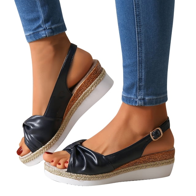 Sandals for Womens Wedge Heel Slingback Open Peep Toe Bow Leather Surface Rope Sole Adjustable Buckle Linen Breathable Non Slip Beach Summer Casual Shoes Black