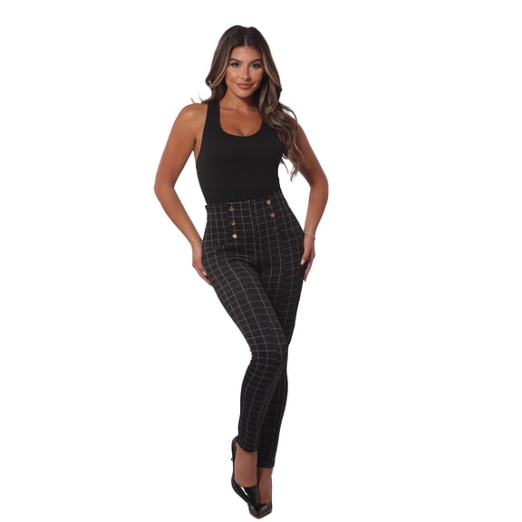 High Waist Sculpting Treggings With Metal Button Waist Detail - Black, White Plaid