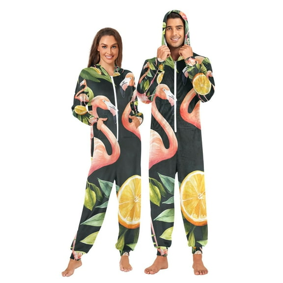 Flamingos Oranges Adult Onesie Pajamas Slim Fit Christmas One Piece Suit Pjs for Women and Men Hooded Zipper