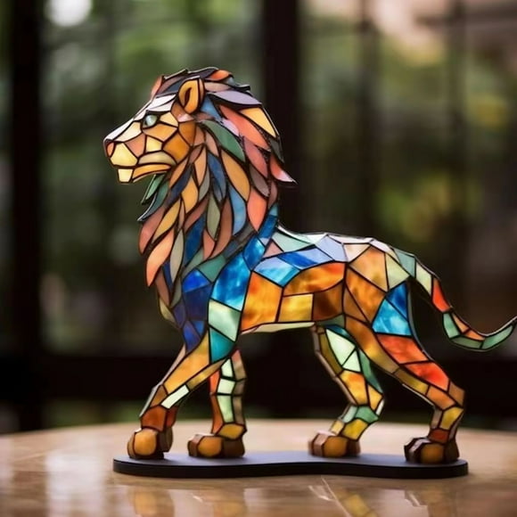 Stained Metal Lion Figurine Vibrant Tabletop Art Piece for Bookshelf, Mantel & Eclectic Interior Design